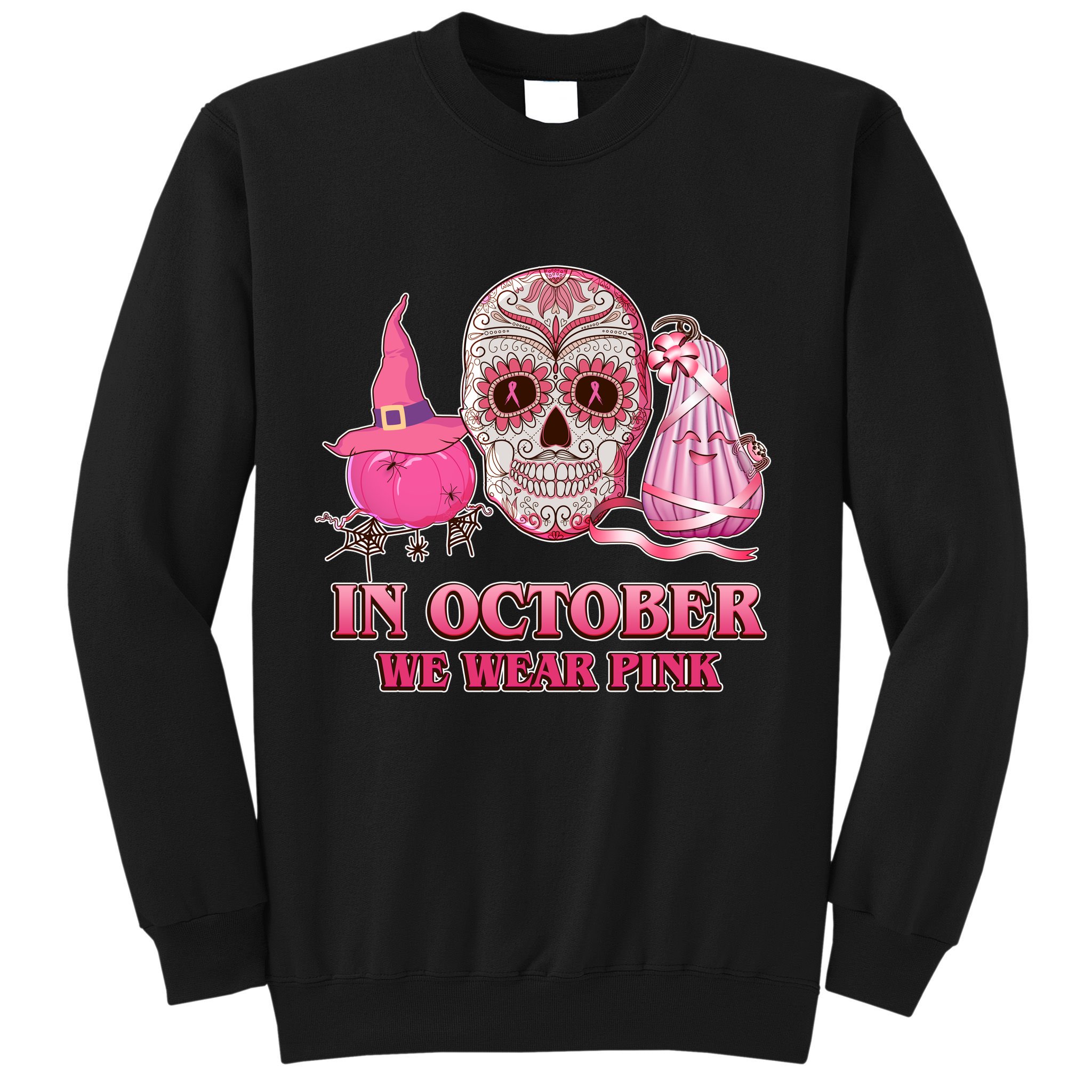 In October We Wear Pink Breast Cancer Halloween Skull Sweatshirt