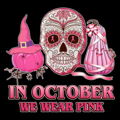 In October We Wear Pink Breast Cancer Halloween Skull T-Shirt