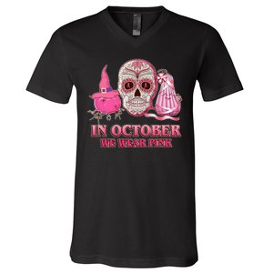 In October We Wear Pink Breast Cancer Halloween Skull V-Neck T-Shirt