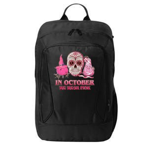 In October We Wear Pink Breast Cancer Halloween Skull City Backpack