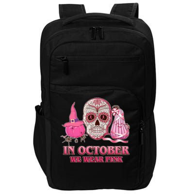 In October We Wear Pink Breast Cancer Halloween Skull Impact Tech Backpack