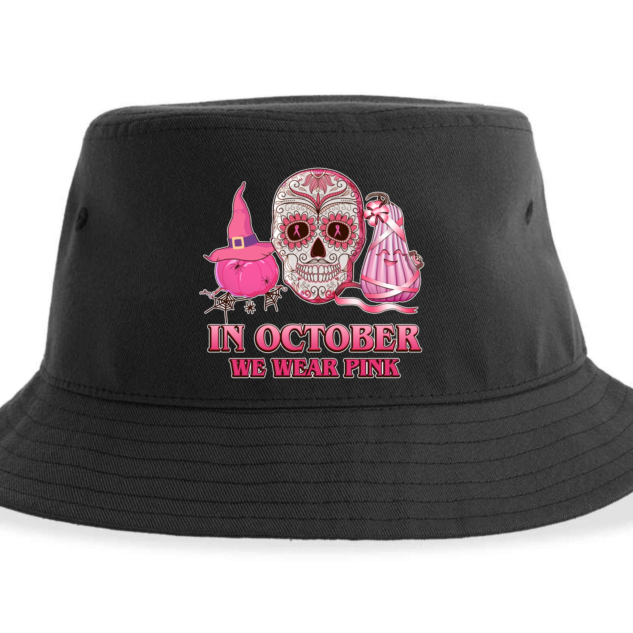 In October We Wear Pink Breast Cancer Halloween Skull Sustainable Bucket Hat