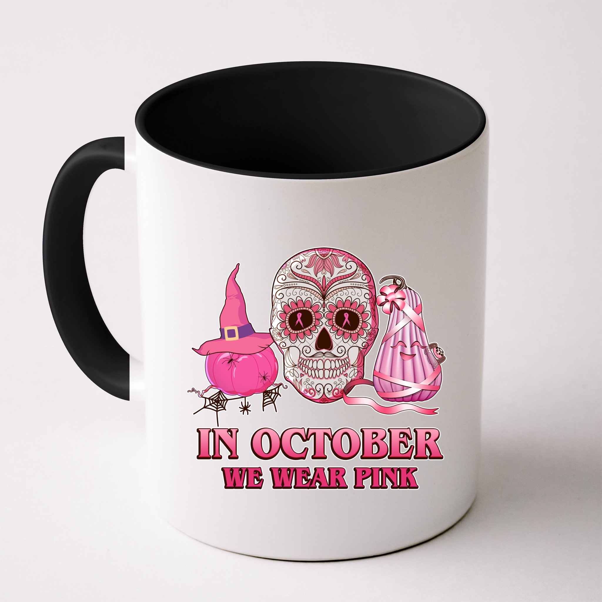 In October We Wear Pink Breast Cancer Halloween Skull Mug