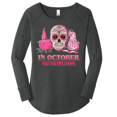 In October We Wear Pink Breast Cancer Halloween Skull Women's Perfect Tri Tunic Long Sleeve Shirt