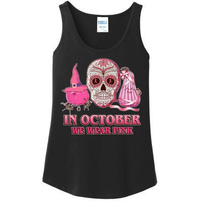 In October We Wear Pink Breast Cancer Halloween Skull Ladies Essential Tank