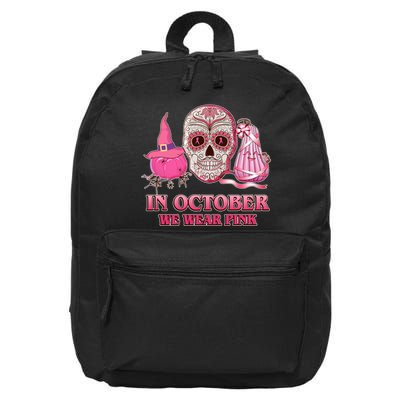 In October We Wear Pink Breast Cancer Halloween Skull 16 in Basic Backpack