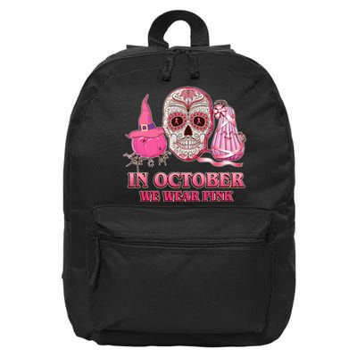 In October We Wear Pink Breast Cancer Halloween Skull 16 in Basic Backpack