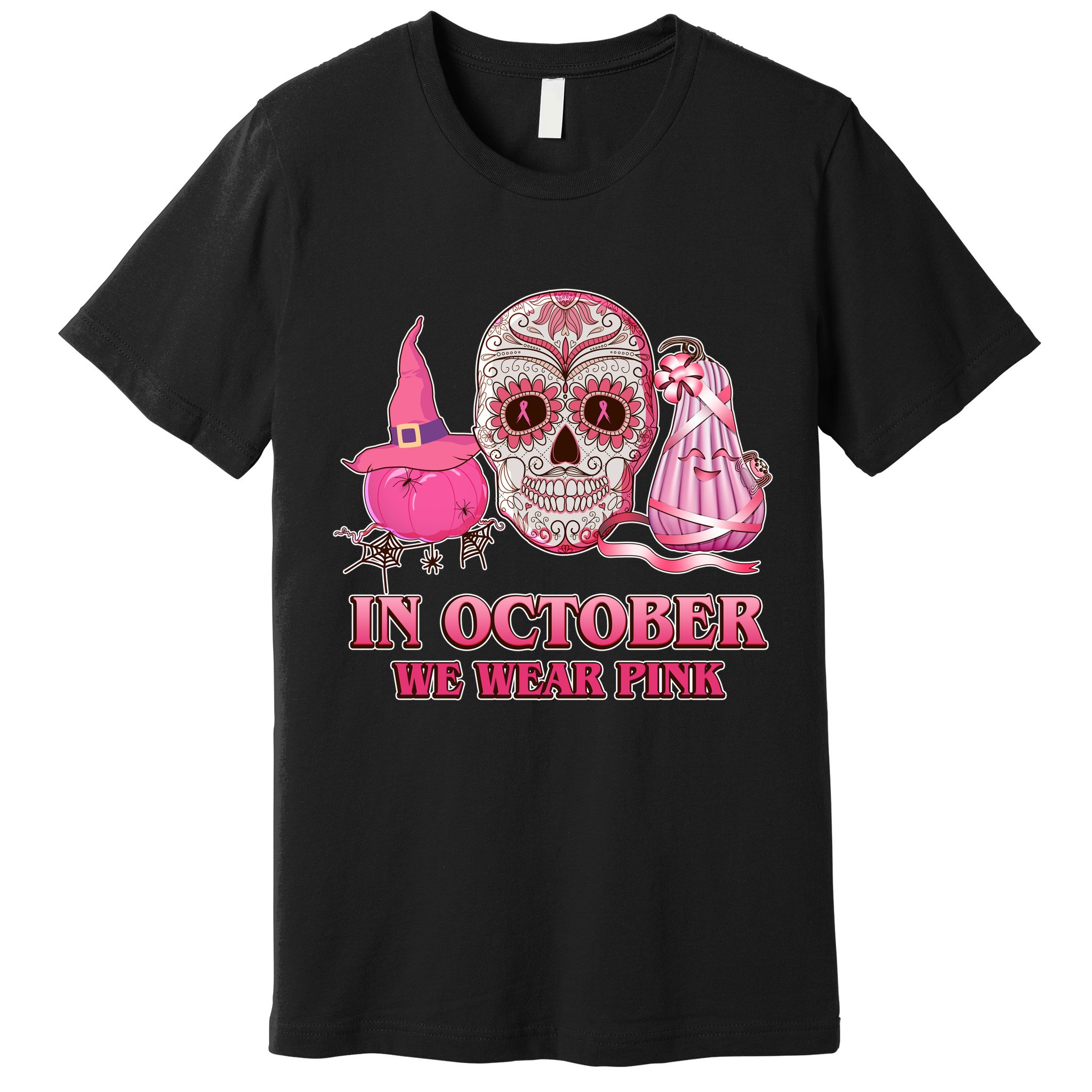 In October We Wear Pink Breast Cancer Halloween Skull Premium T-Shirt