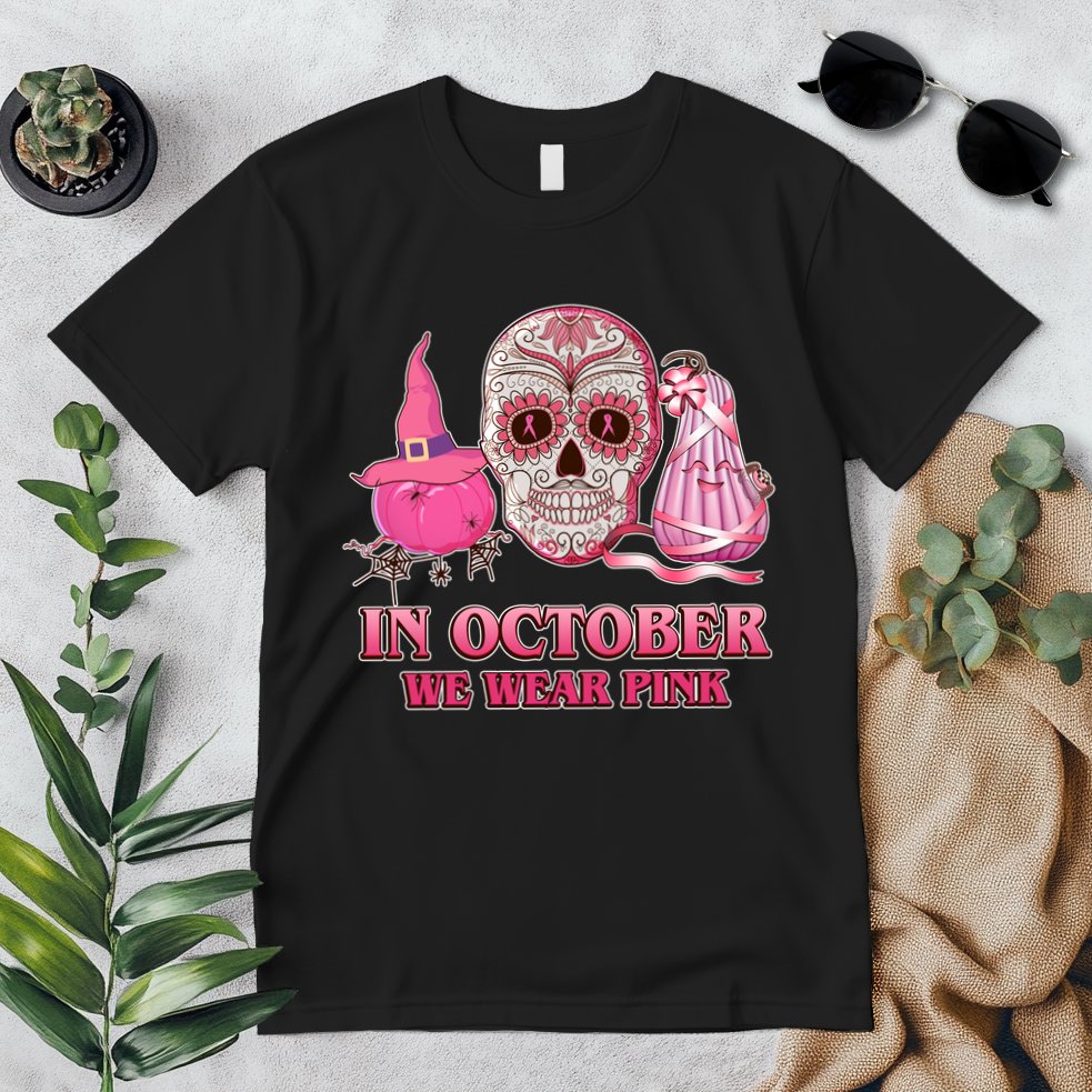 In October We Wear Pink Breast Cancer Halloween Skull Premium T-Shirt