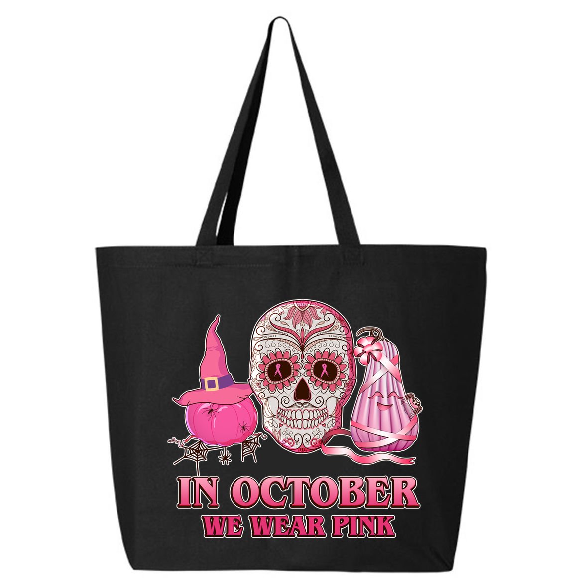 In October We Wear Pink Breast Cancer Halloween Skull 25L Jumbo Tote