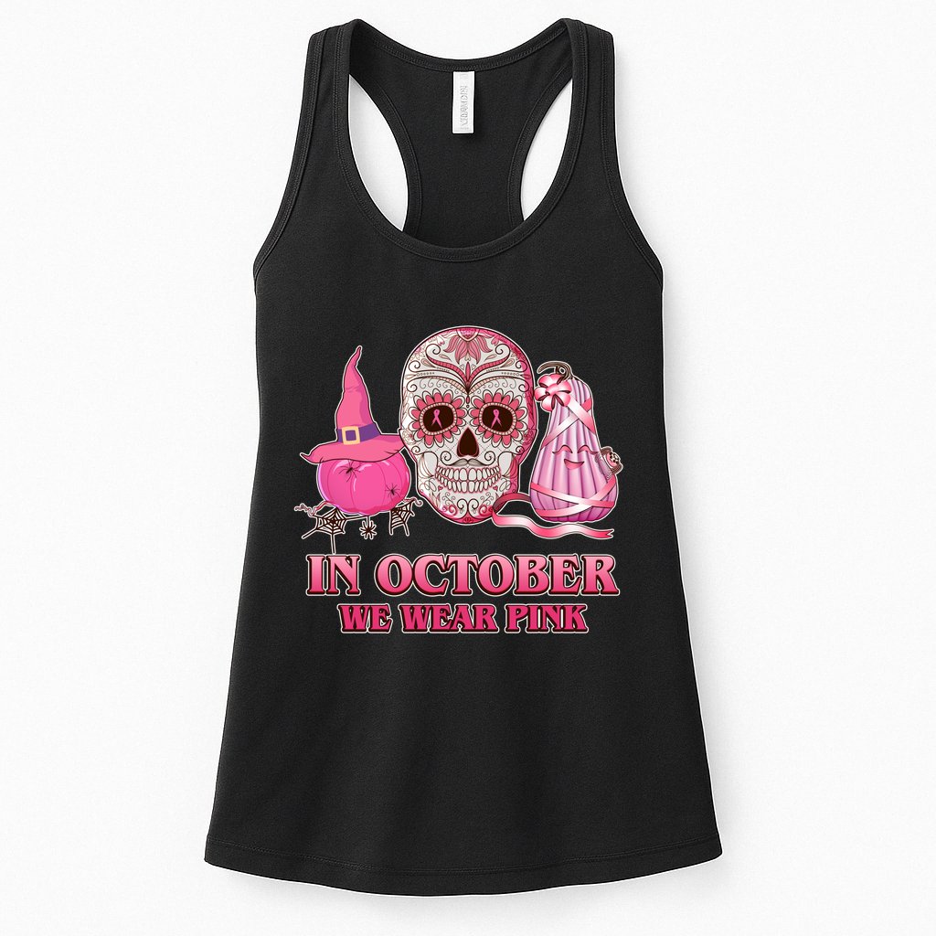 In October We Wear Pink Breast Cancer Halloween Skull Womens Tank Top
