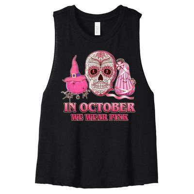 In October We Wear Pink Breast Cancer Halloween Skull Women's Racerback Cropped Tank