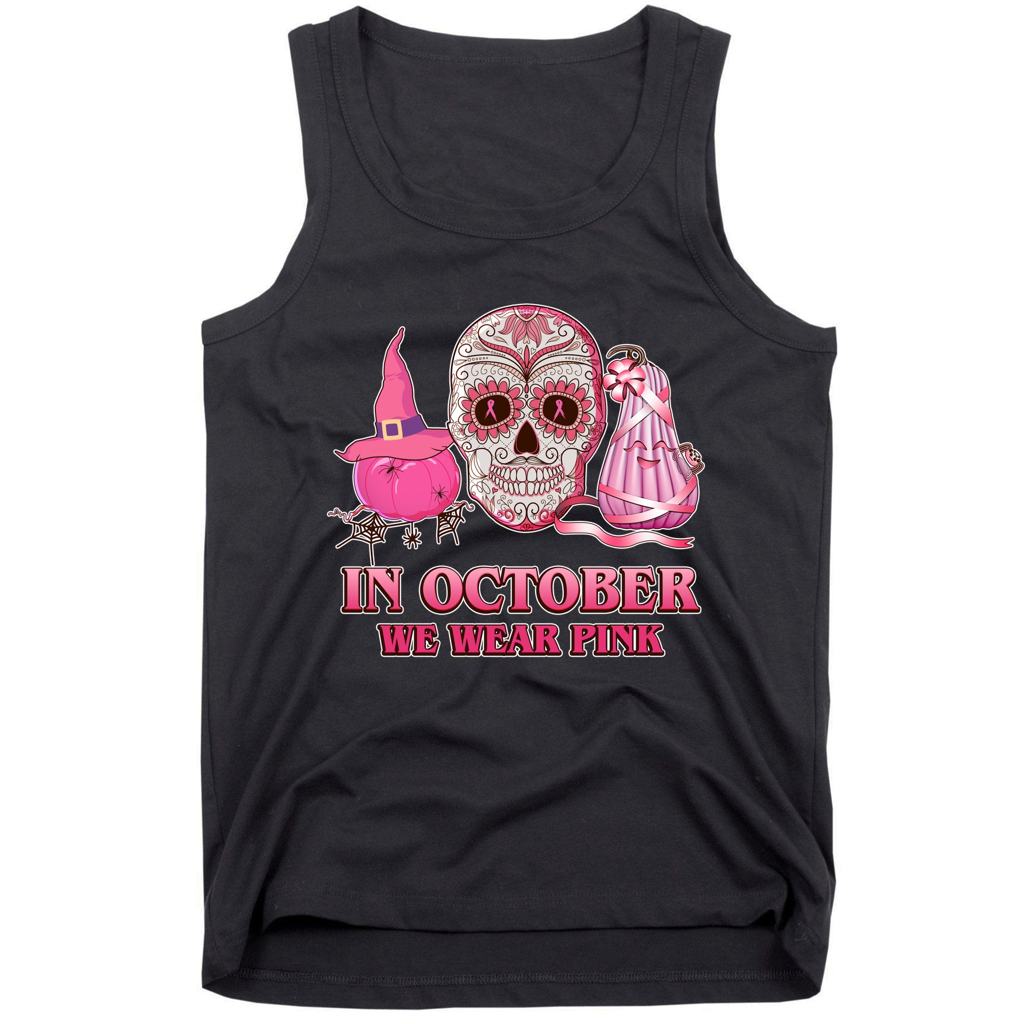 In October We Wear Pink Breast Cancer Halloween Skull Tank Top