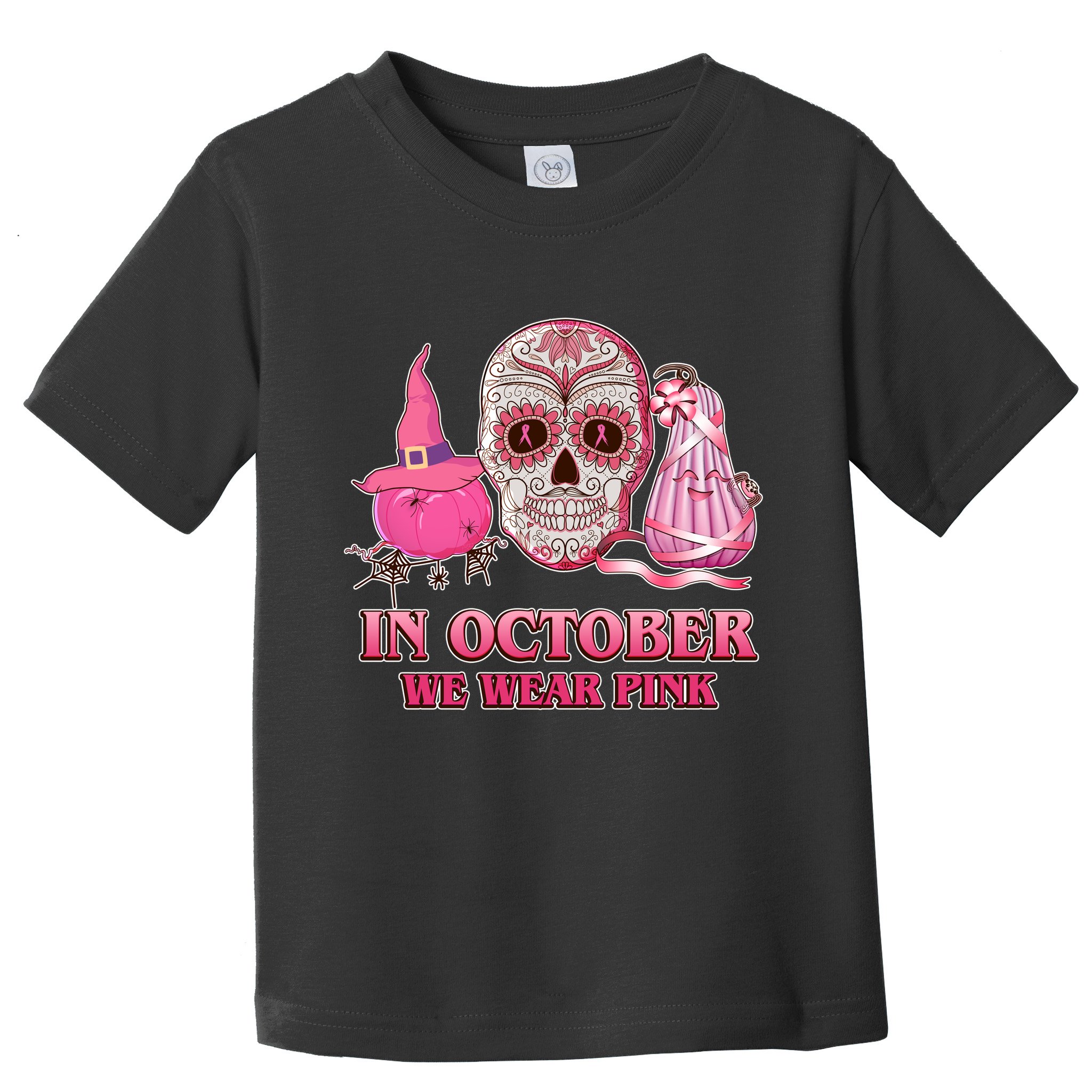 In October We Wear Pink Breast Cancer Halloween Skull Toddler T-Shirt