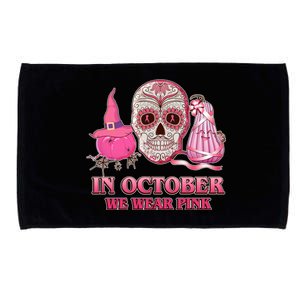 In October We Wear Pink Breast Cancer Halloween Skull Microfiber Hand Towel