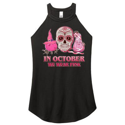 In October We Wear Pink Breast Cancer Halloween Skull Women’s Perfect Tri Rocker Tank