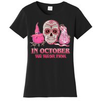 In October We Wear Pink Breast Cancer Halloween Skull Women's T-Shirt