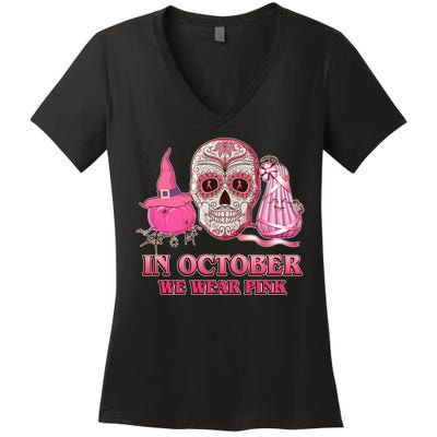 In October We Wear Pink Breast Cancer Halloween Skull Women's V-Neck T-Shirt