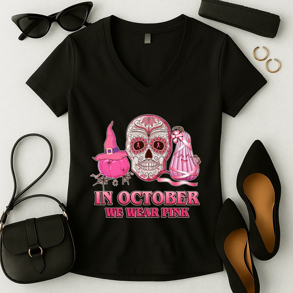 In October We Wear Pink Breast Cancer Halloween Skull Women's V-Neck T-Shirt