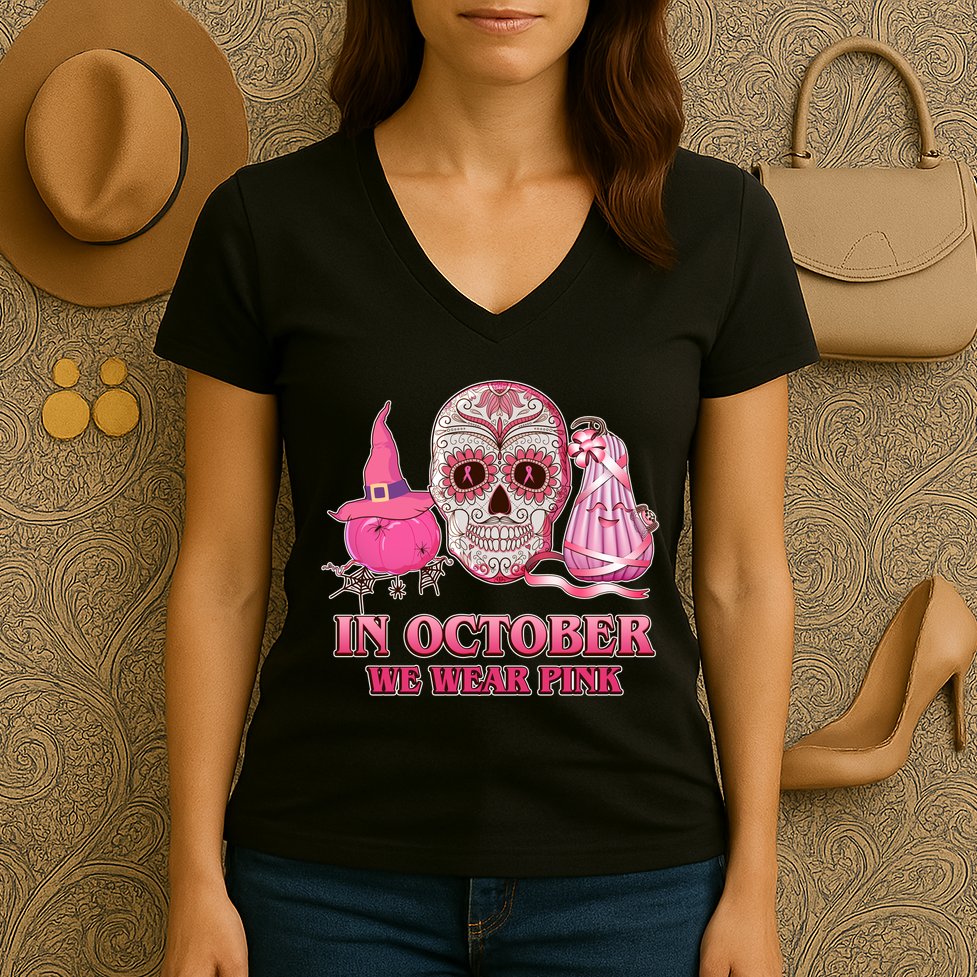 In October We Wear Pink Breast Cancer Halloween Skull Women's V-Neck T-Shirt