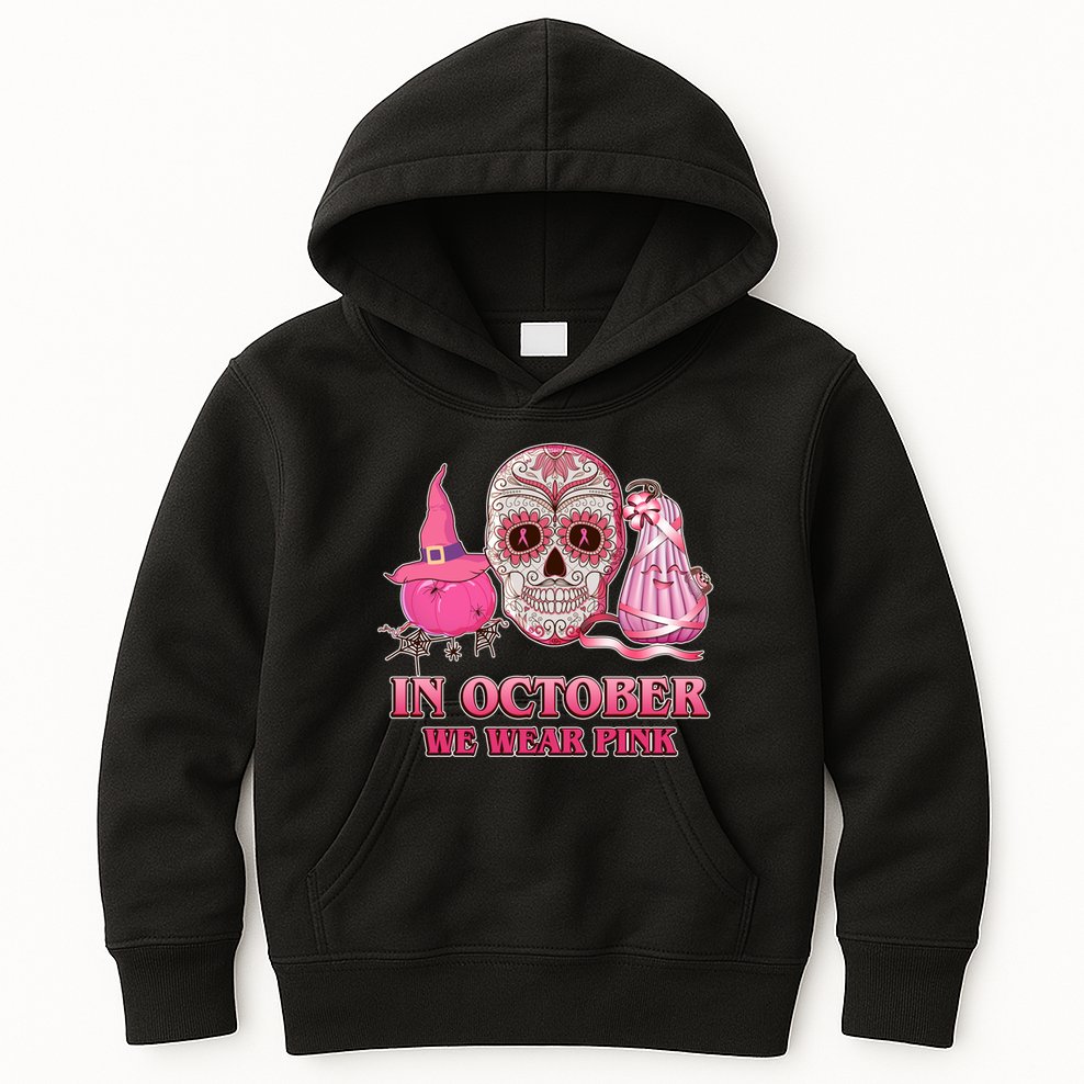 In October We Wear Pink Breast Cancer Halloween Skull Kids Hoodie