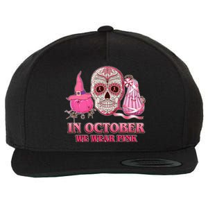 In October We Wear Pink Breast Cancer Halloween Skull Wool Snapback Cap