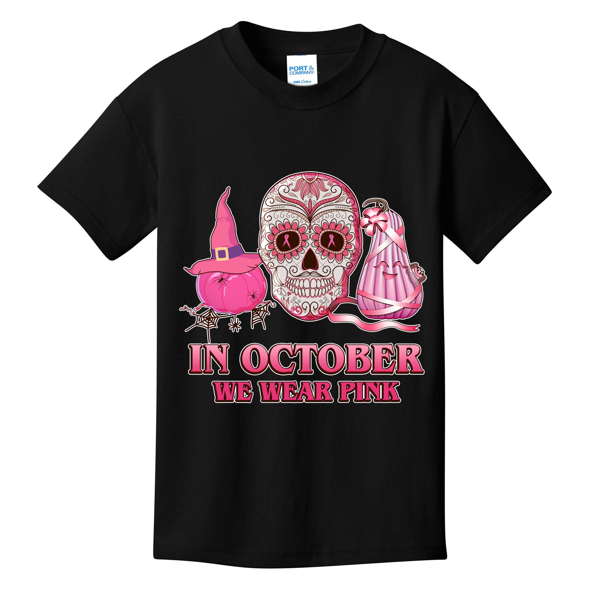 In October We Wear Pink Breast Cancer Halloween Skull Kids T-Shirt
