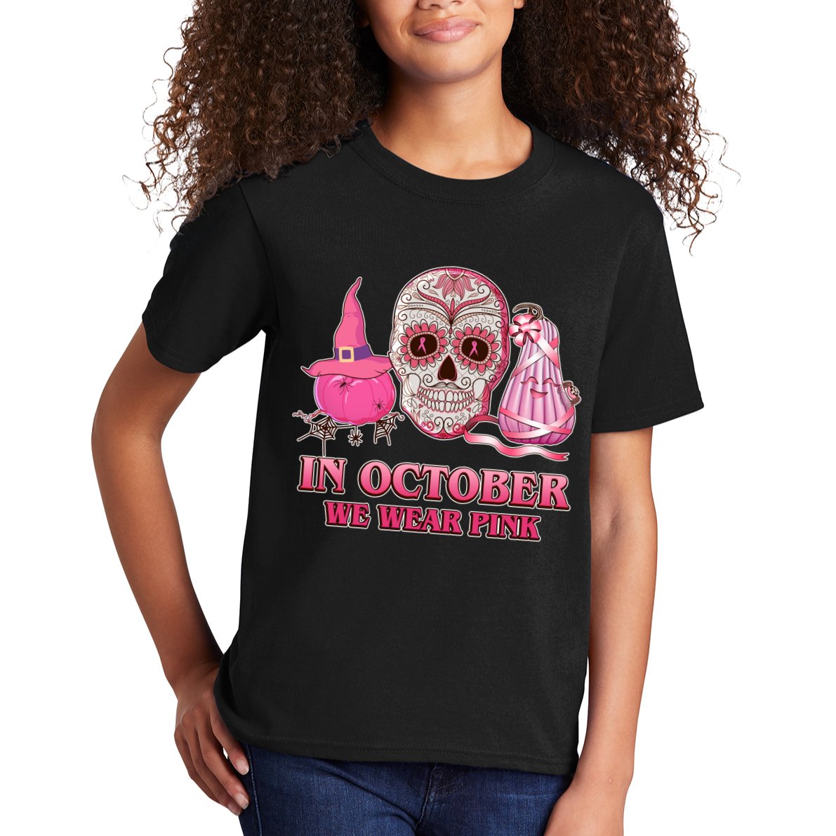 In October We Wear Pink Breast Cancer Halloween Skull Kids T-Shirt