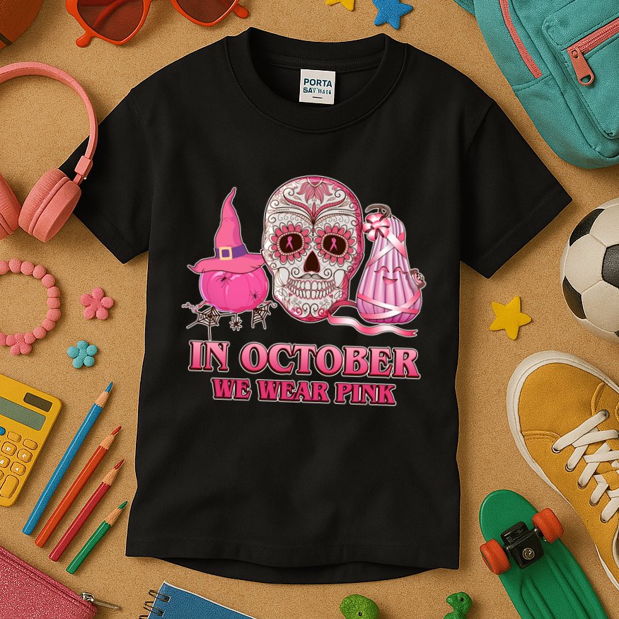 In October We Wear Pink Breast Cancer Halloween Skull Kids T-Shirt