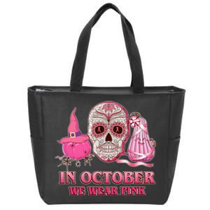 In October We Wear Pink Breast Cancer Halloween Skull Zip Tote Bag