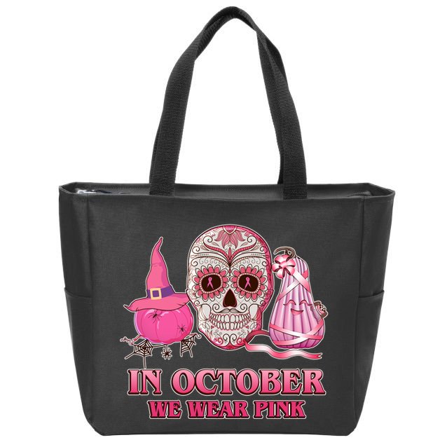 In October We Wear Pink Breast Cancer Halloween Skull Zip Tote Bag