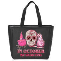 In October We Wear Pink Breast Cancer Halloween Skull Zip Tote Bag