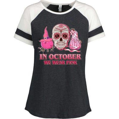 In October We Wear Pink Breast Cancer Halloween Skull Enza Ladies Jersey Colorblock Tee