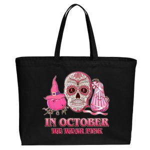 In October We Wear Pink Breast Cancer Halloween Skull Cotton Canvas Jumbo Tote