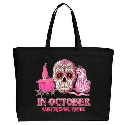 In October We Wear Pink Breast Cancer Halloween Skull Cotton Canvas Jumbo Tote