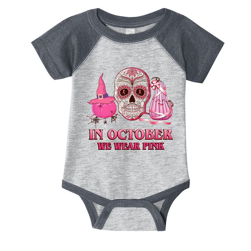 In October We Wear Pink Breast Cancer Halloween Skull Infant Baby Jersey Bodysuit