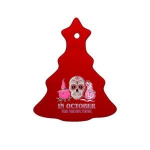 In October We Wear Pink Breast Cancer Halloween Skull Ceramic Tree Ornament