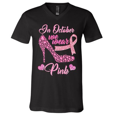 In October We Wear Pink Fancy Heel Ribbon V-Neck T-Shirt