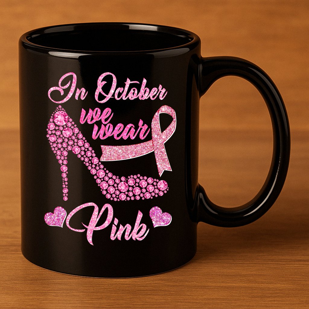 In October We Wear Pink Fancy Heel Ribbon 11oz C Handle Ceramic Mug