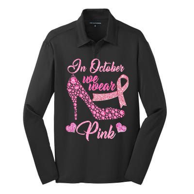 In October We Wear Pink Fancy Heel Ribbon Silk Touch Performance Long Sleeve Polo