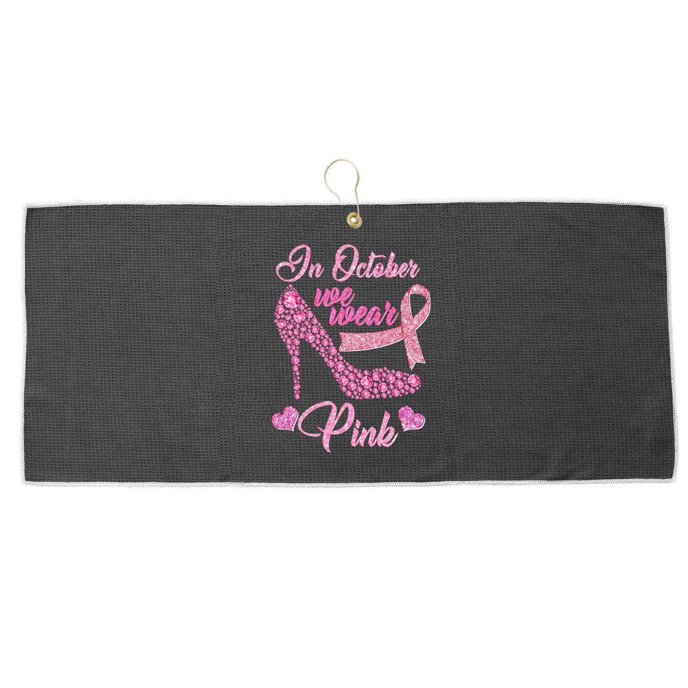 In October We Wear Pink Fancy Heel Ribbon Large Microfiber Waffle Golf Towel