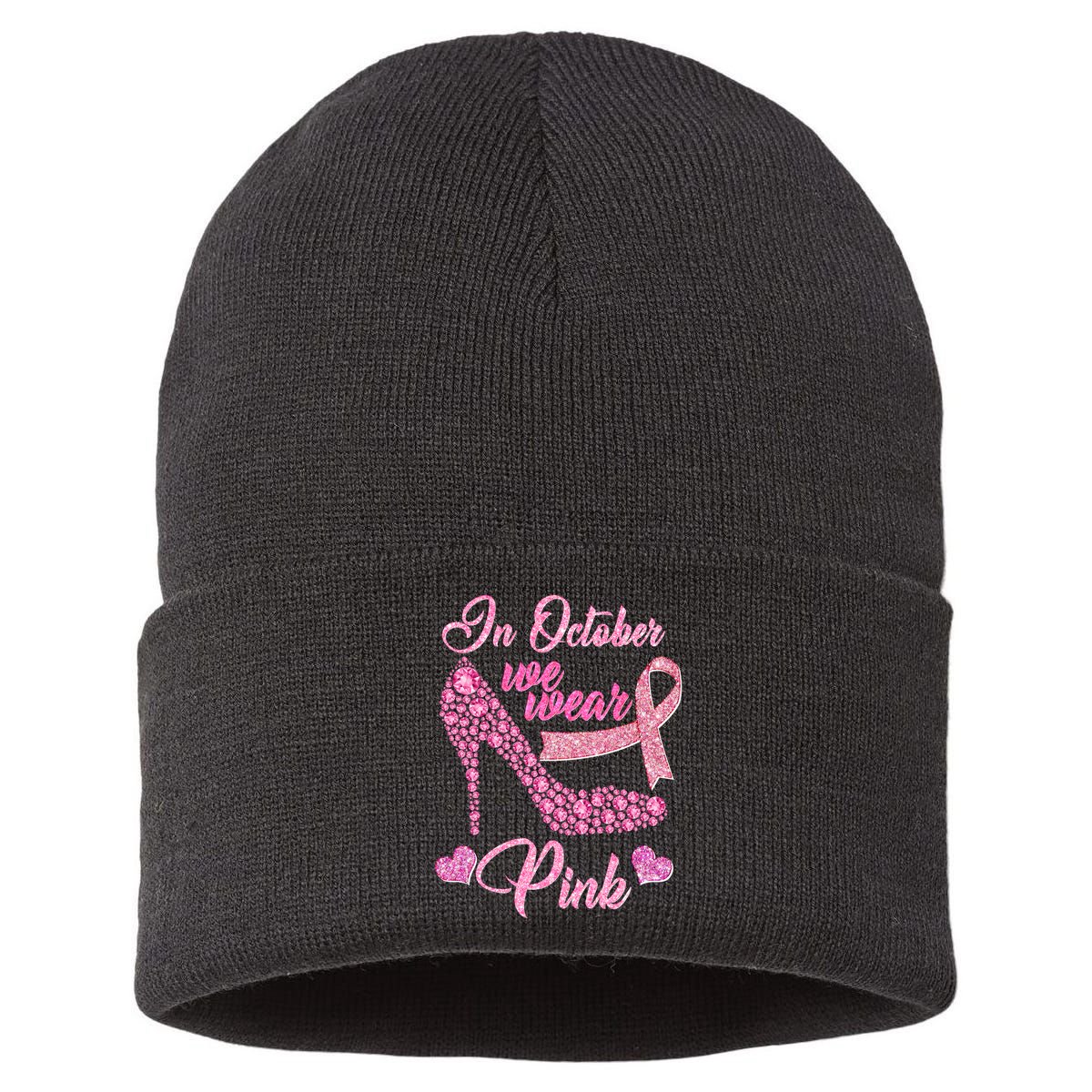 In October We Wear Pink Fancy Heel Ribbon Sustainable Knit Beanie