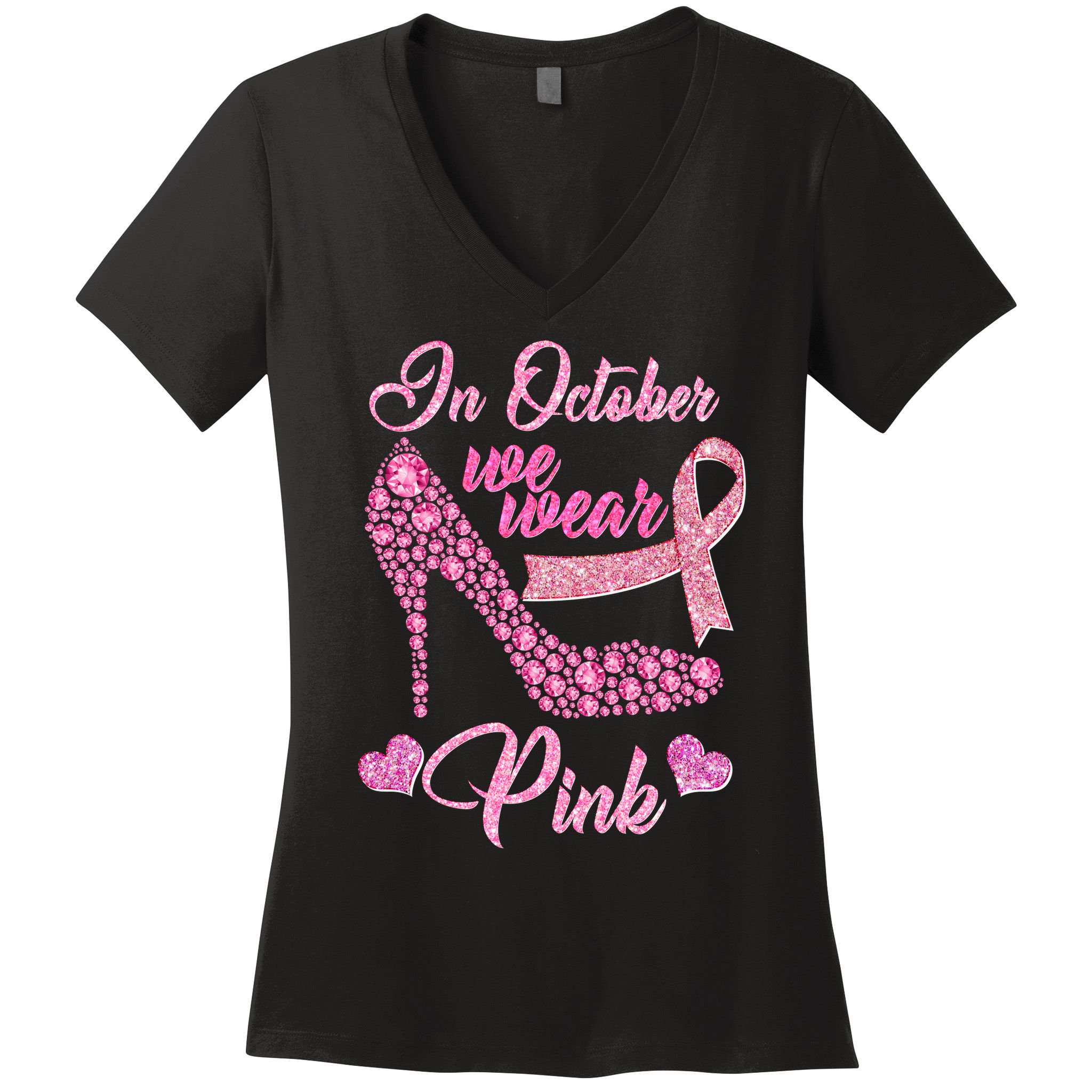 In October We Wear Pink Fancy Heel Ribbon Women's V-Neck T-Shirt