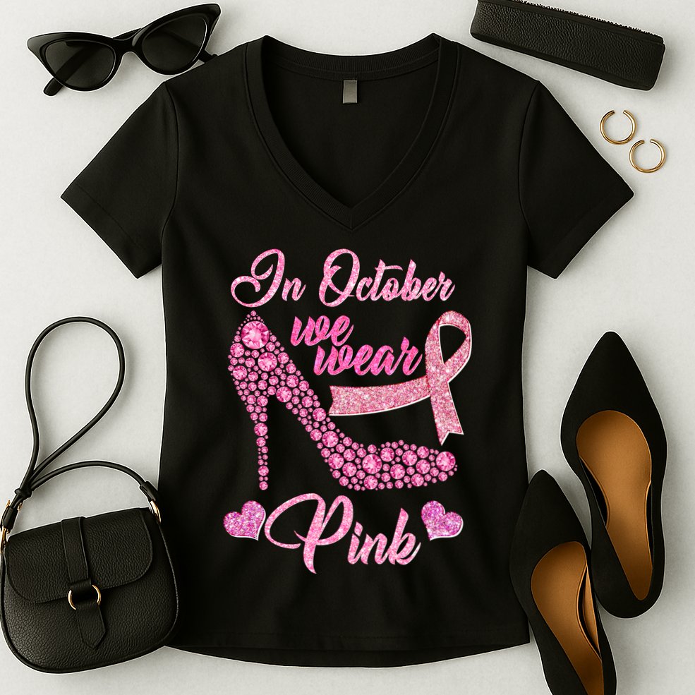 In October We Wear Pink Fancy Heel Ribbon Women's V-Neck T-Shirt