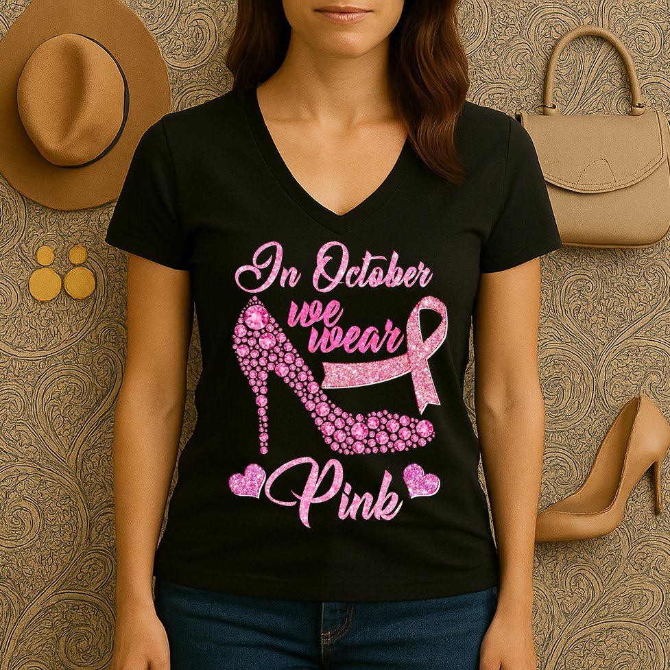 In October We Wear Pink Fancy Heel Ribbon Women's V-Neck T-Shirt