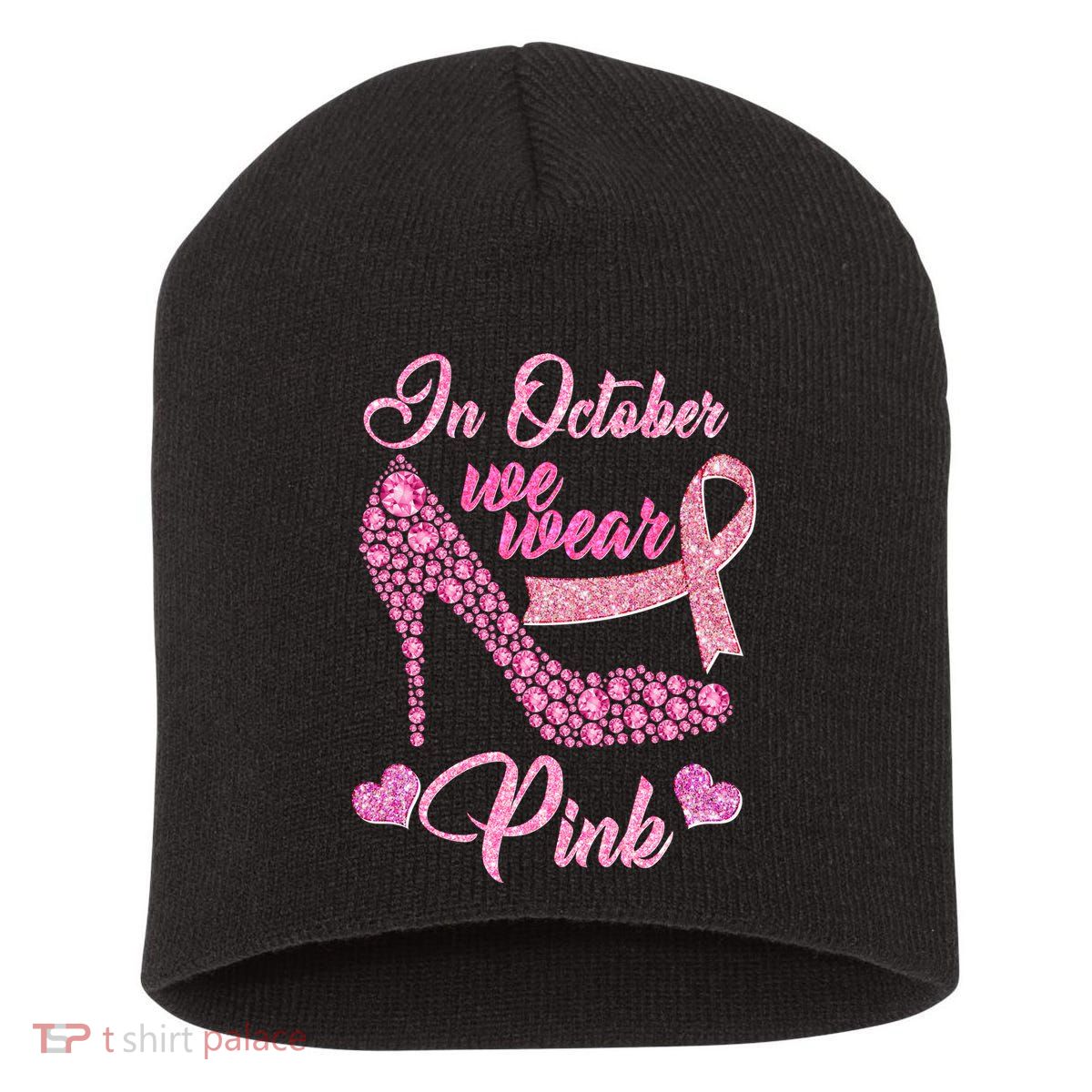 In October We Wear Pink Fancy Heel Ribbon Short Acrylic Beanie