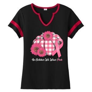 In October We Wear Pink Pumpkin Breast Cancer Plaid Ladies Halftime Notch Neck Tee