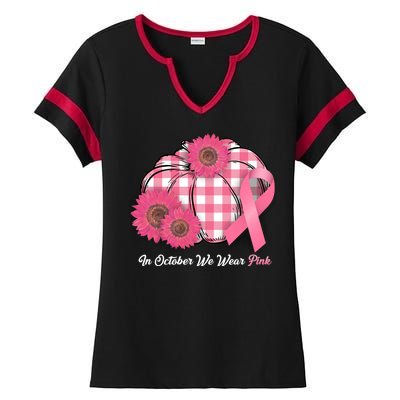 In October We Wear Pink Pumpkin Breast Cancer Plaid Ladies Halftime Notch Neck Tee