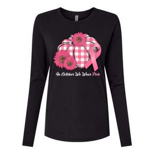 In October We Wear Pink Pumpkin Breast Cancer Plaid Womens Cotton Relaxed Long Sleeve T-Shirt