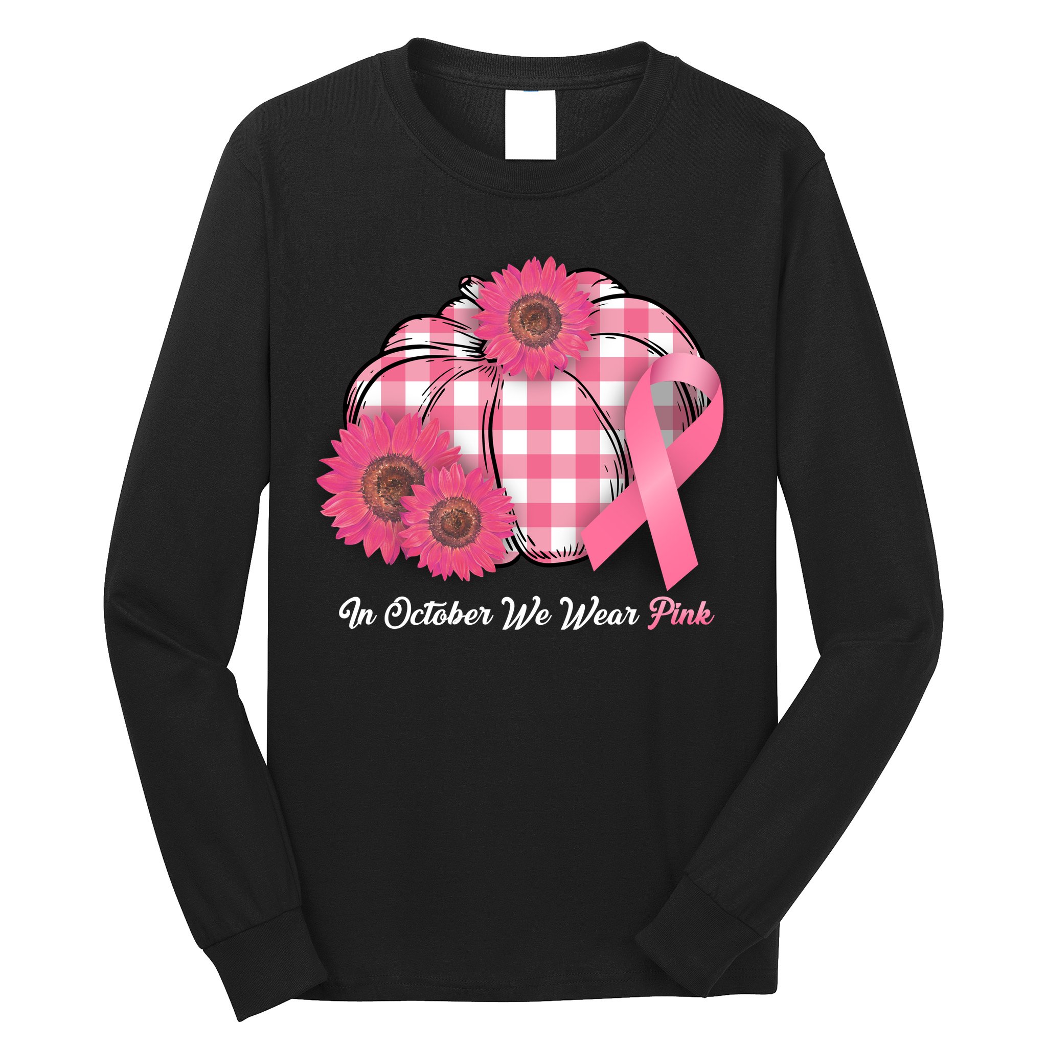 In October We Wear Pink Pumpkin Breast Cancer Plaid Long Sleeve Shirt
